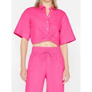 NWOT Frame Flamingo Twisted Linen-Blend Button Down Cropped Top Size Large